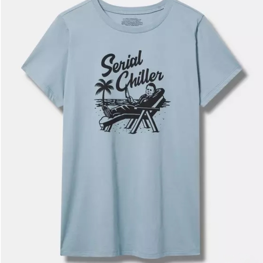 Torrid Blue Graphic Tee with 'Serial Chiller' Caption